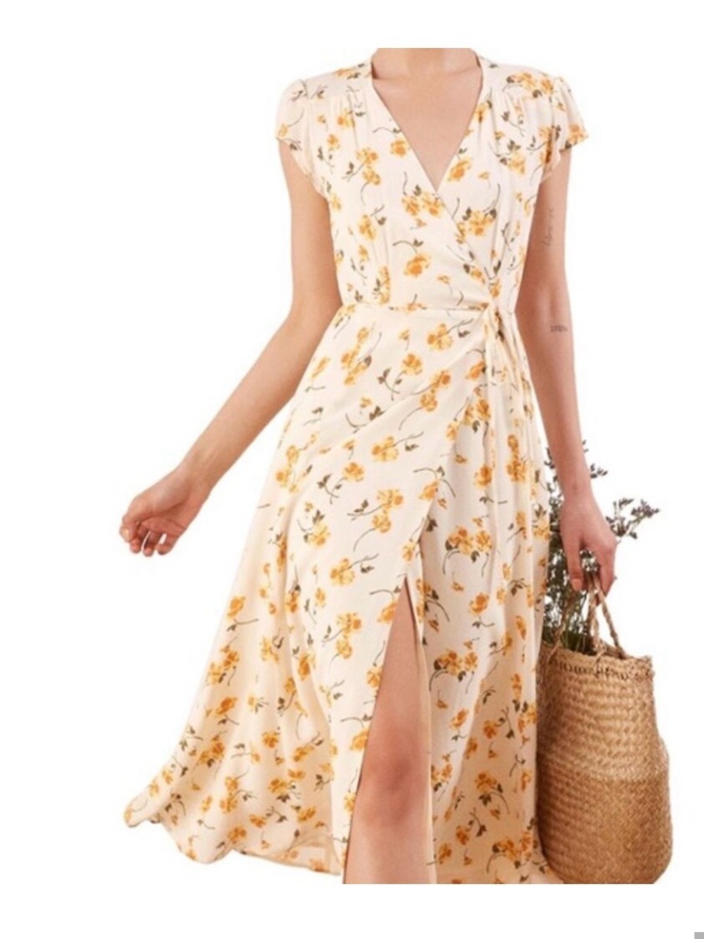 Reformation Carina Wrap Midi Dress in Limonada| Ivory Butter Yellow Floral |SZ S